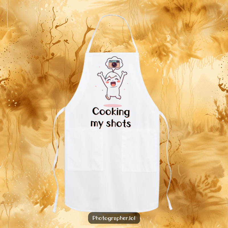 Funny Apron: An adorable character jumps for joy, with a camera icon in their thought bubble, ready for the kitchen.