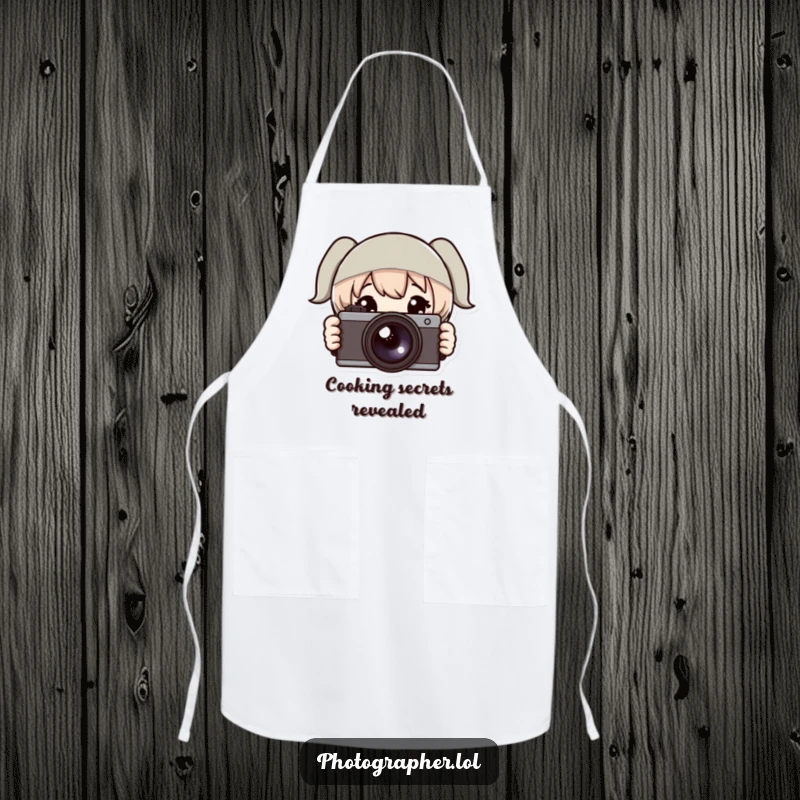 Funny apron featuring a character peeking from behind a camera, ideal for kitchen creatives and photography enthusiasts who love a laugh.