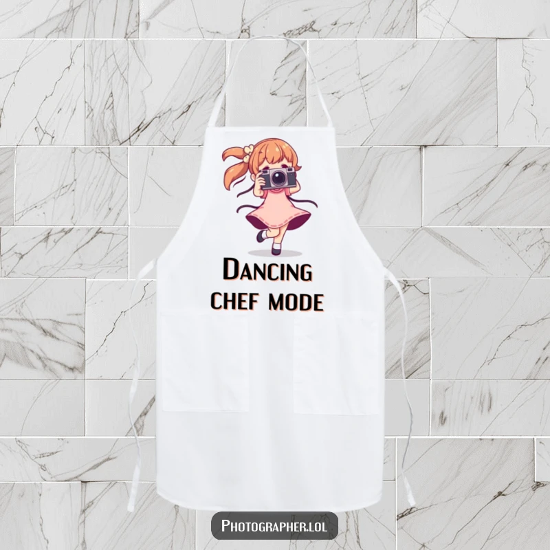 Funny dancing photographer apron with a character twirling joyfully with a vintage camera, a humorous and stylish artistic accessory.
