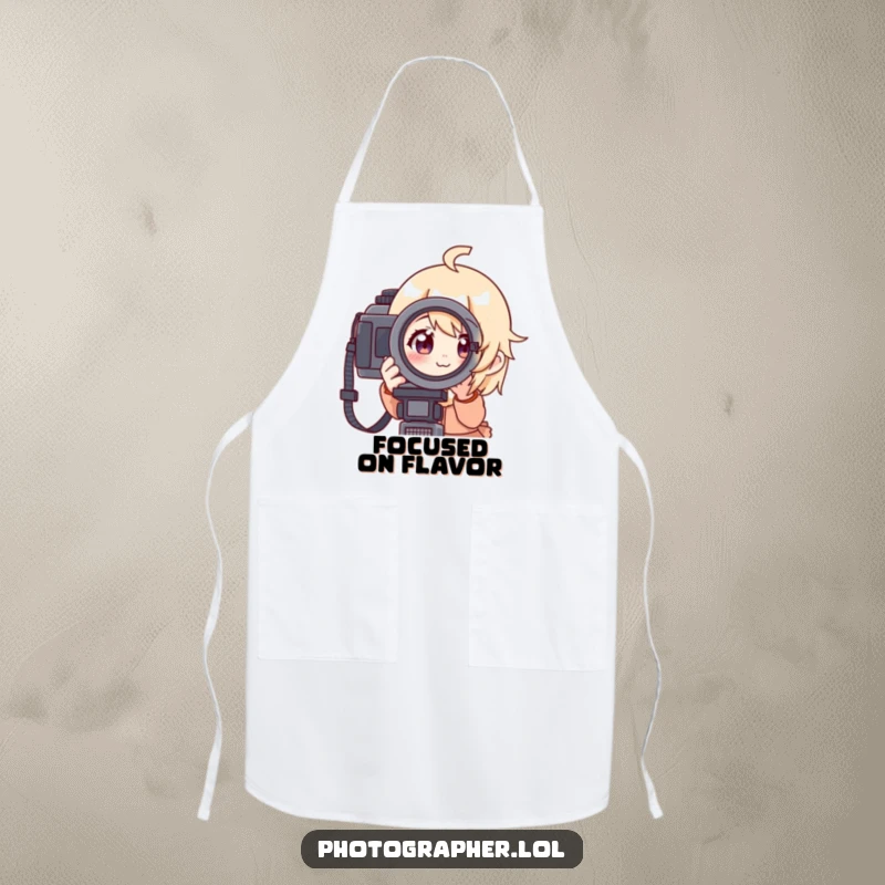 Funny apron with a character looking through a camera viewfinder with a focused yet cheerful expression, ideal for hobbyists who love photography.