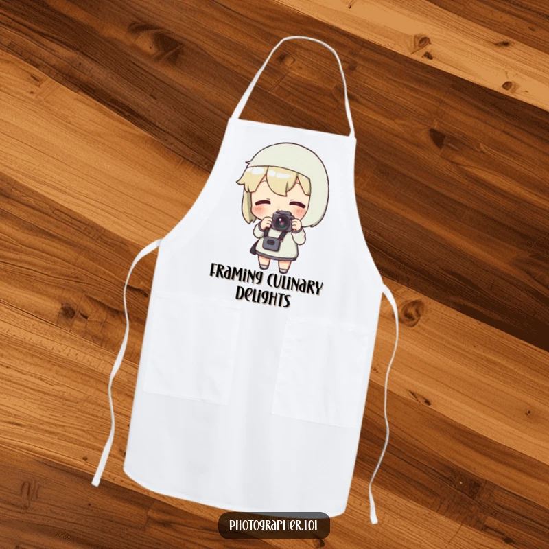 Funny apron featuring a character adjusting a camera strap with an excited expression, ideal for photographers.
