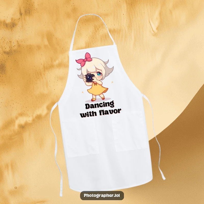 Funny apron with a character joyfully dancing with a camera, a happy blur of motion, a humorous accessory.