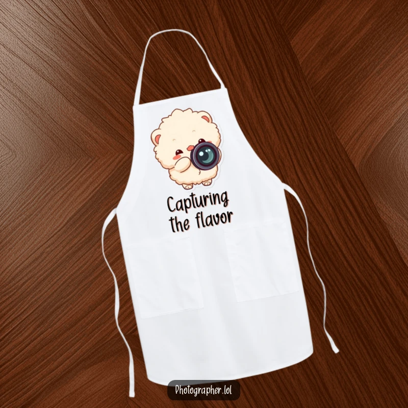 Funny fluffy photographer apron, cheerful kitchen accessory with a character snapping a camera, lens cap flying off.
