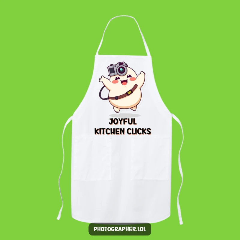 Protect your clothes while you capture life's moments with this funny apron. A joyful character bounces with a camera.