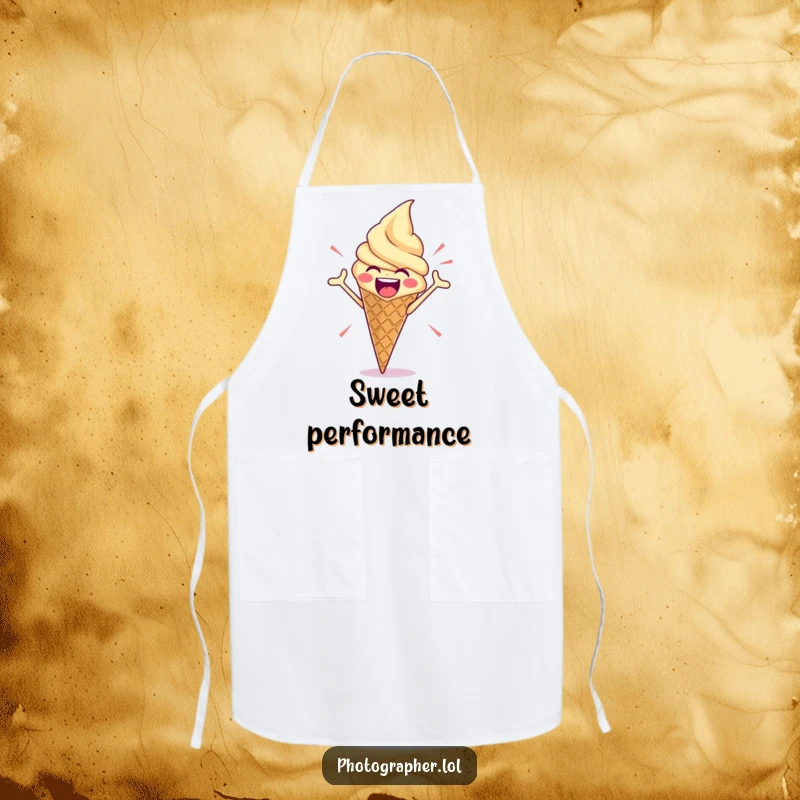 Funny apron showing an enthusiastic ice cream cone striking a dramatic pose, a humorous kitchen accessory for those who cook with flair.