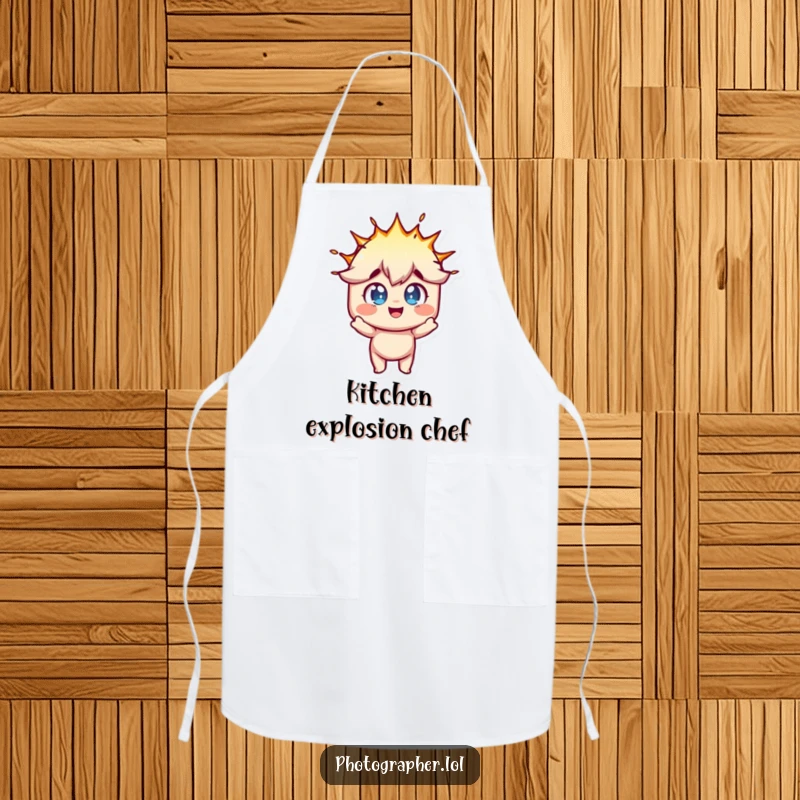 Funny apron featuring a character with wide, joyful eyes reacting to a flash bulb explosion, perfect for creative work.