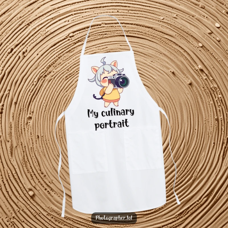 Funny Apron with a cute character joyfully holding a camera and flash, ready to capture kitchen masterpieces.