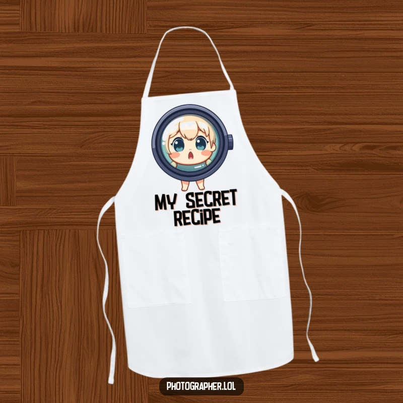 Funny Apron with a surprised character peeking from behind a large lens, perfect for a humorous kitchen.