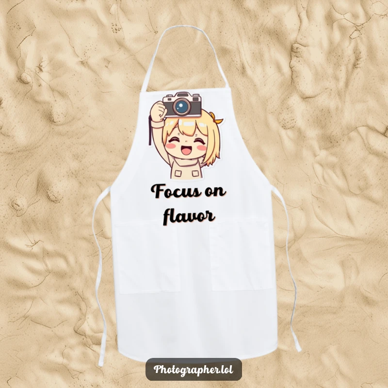Funny photographer apron, a character smiling triumphantly with a camera overhead, ready for culinary success with humor.