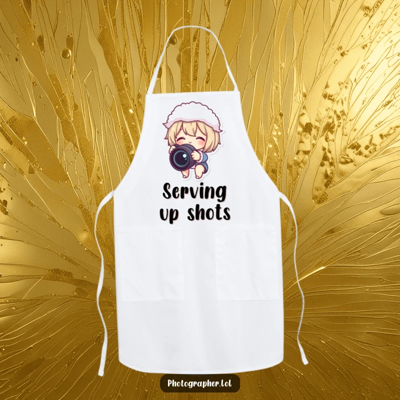 Funny apron with a cute character gleefully adjusting a camera lens and fluffy lens cap, suitable for humorous kitchen tasks.