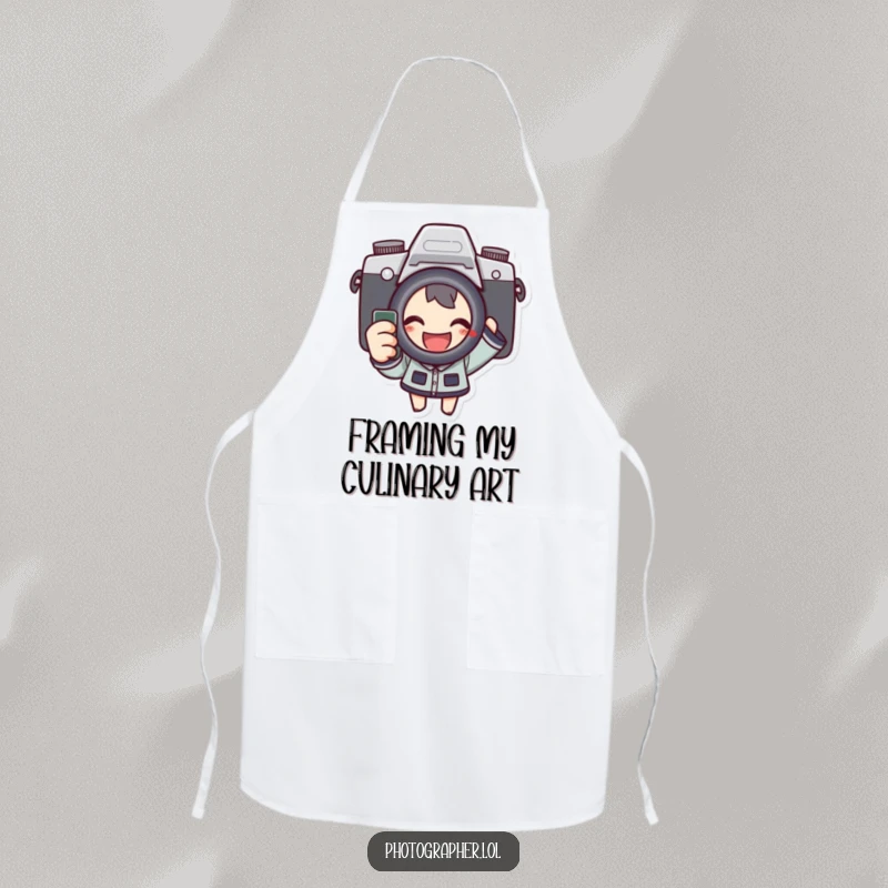 Funny apron designed for photographers, showing a character excitedly pressing a camera shutter, ideal for studio or on-location shoots.