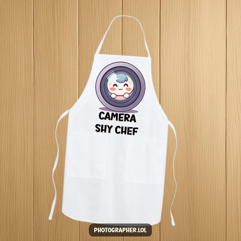 Funny blushing character hiding behind a large camera lens and peeking out, a humorous and practical apron.