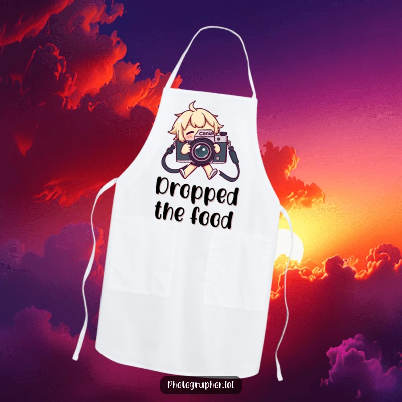 Funny apron showing a character tripping over a camera strap, flailing comically, ready for kitchen chaos.