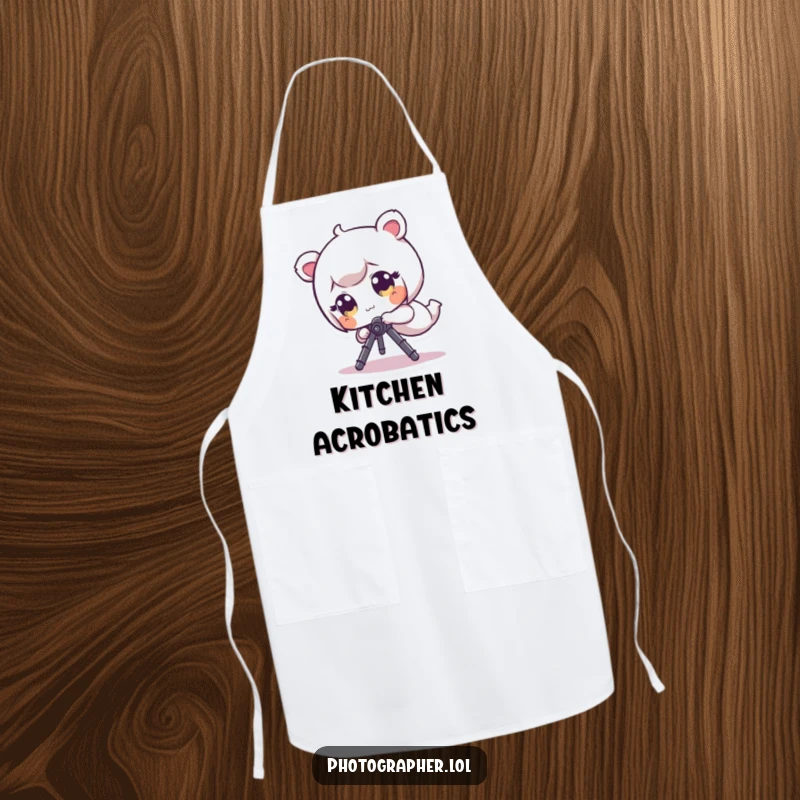 Funny Apron: A tiny, wide-eyed character hilariously tumbles while entangled with a camera tripod in the kitchen.