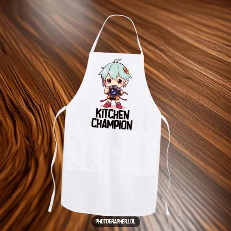 Funny apron depicting a character in a dramatic pose holding a camera like a trophy while cooking.