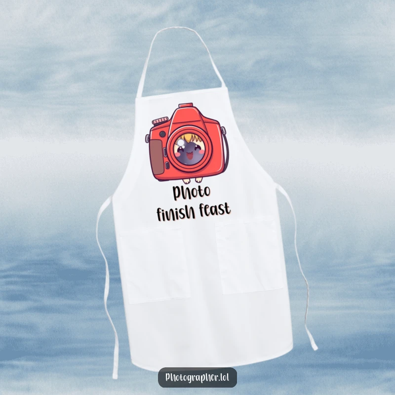 Funny apron with a character peeking behind a red camera, perfect for photographers and creatives, a great funny gift.