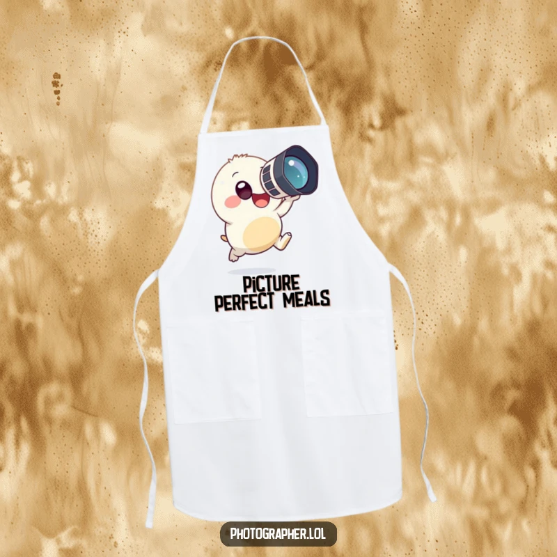 Funny apron showing a tiny, round creature joyfully leaping with a large camera, suggesting a fun and creative approach to cooking.