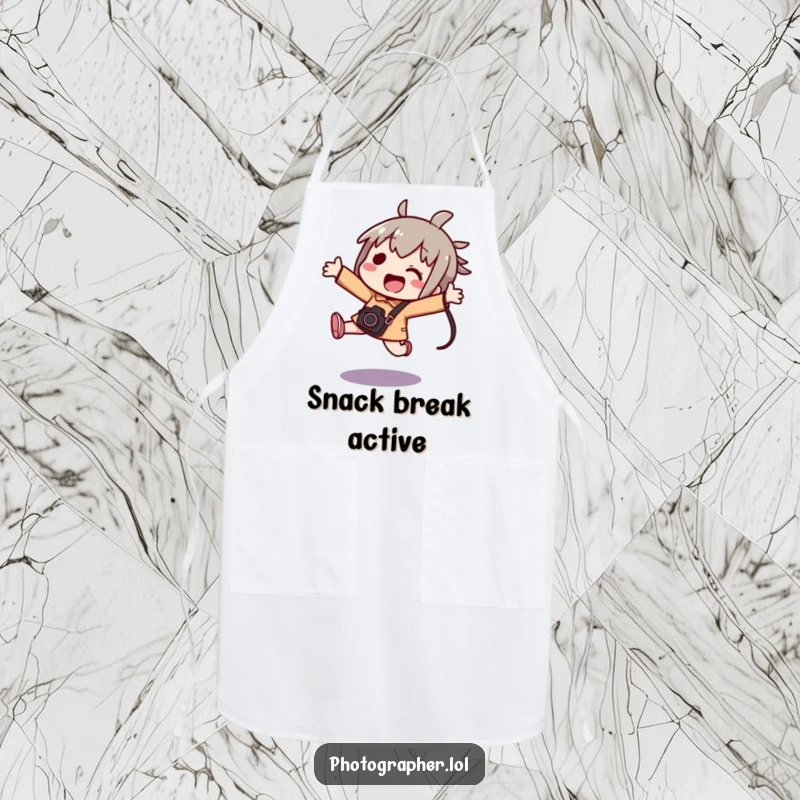 Funny kawaii apron depicting an excited character jumping with a camera bag, perfect for the photo-loving chef.