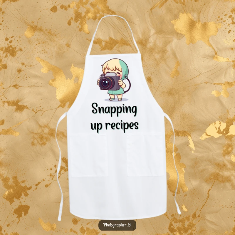 Funny apron illustrating a small character using a big vintage camera while preparing food, suitable for cooks.