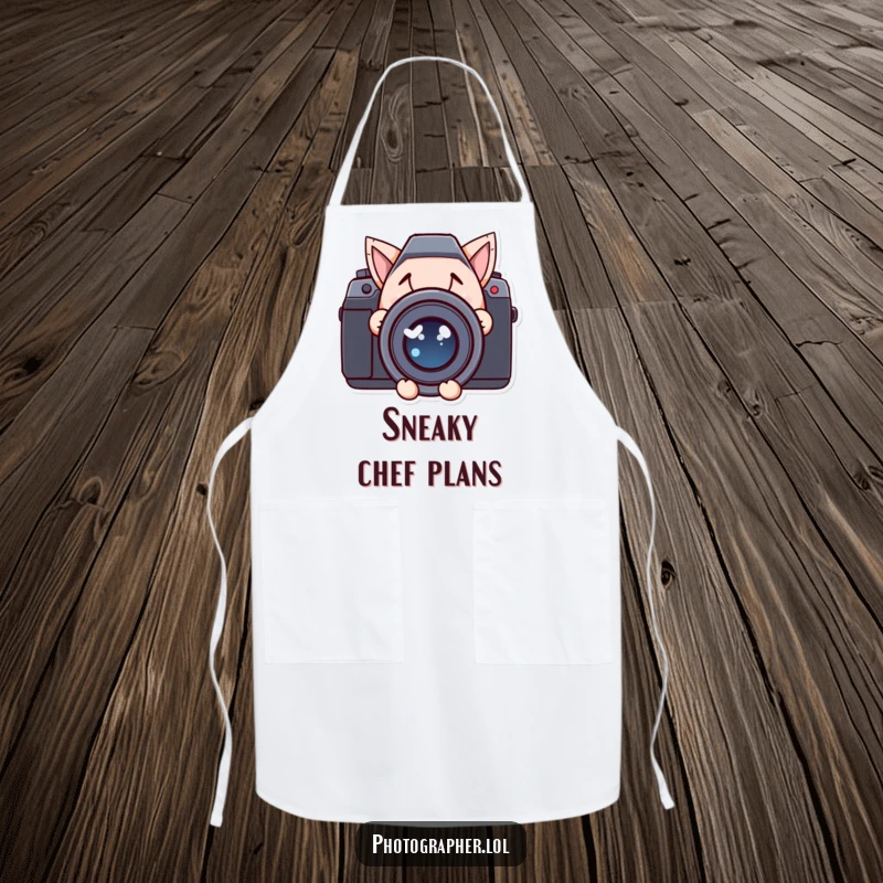 Funny apron showing a character with a mischievous grin peeking from behind a large camera lens while cooking.