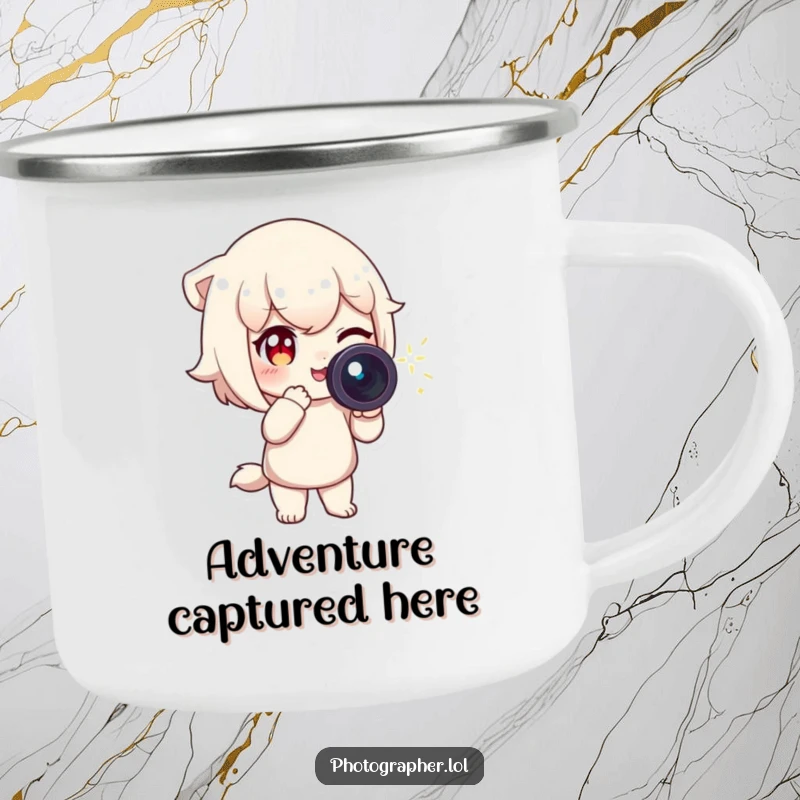 Funny Camping Mug with a character winking and pointing a camera with a sparkling light trail, durable and humorous for adventures.
