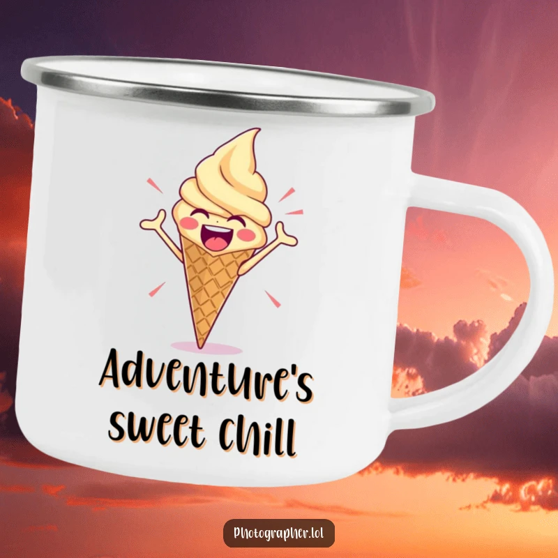 Funny camping mug with an enthusiastic ice cream cone striking a dramatic pose, a humorous and durable accessory for outdoor adventures.