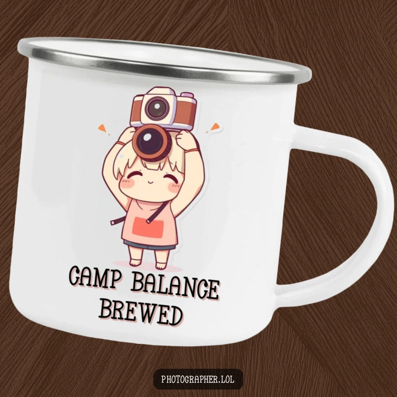 Funny camping mug with a character hilariously balancing a camera on their head with clumsy delight, designed for outdoor enthusiasts with a sense of humor.