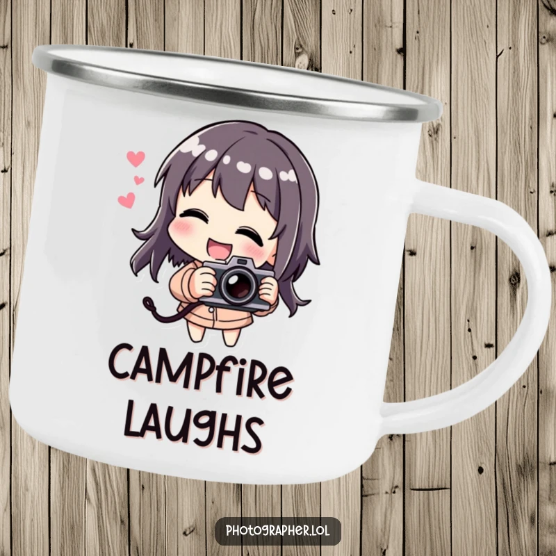 Funny camping mug with a character laughing while playfully holding a tilted camera, perfect for outdoor enthusiasts.