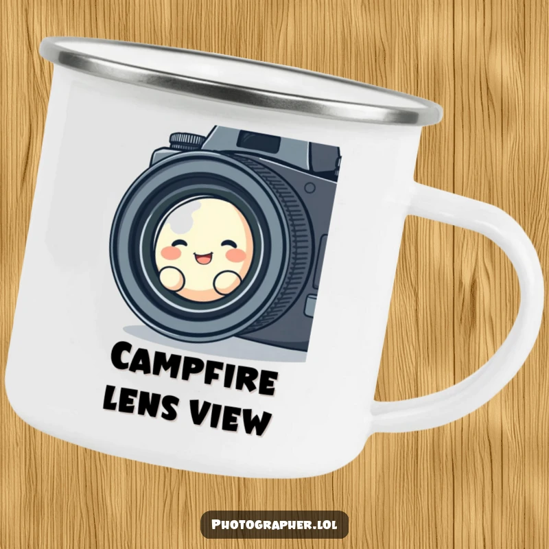 Funny camping mug featuring a cute blob character giggling while looking through a vintage camera lens, designed for nostalgic outdoor moments.