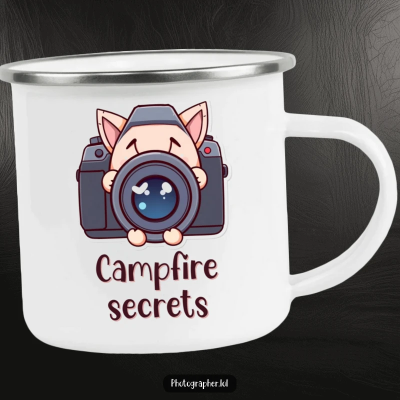Funny camping mug showing a character with a sly grin peeking from behind a large camera lens during an outdoor activity.
