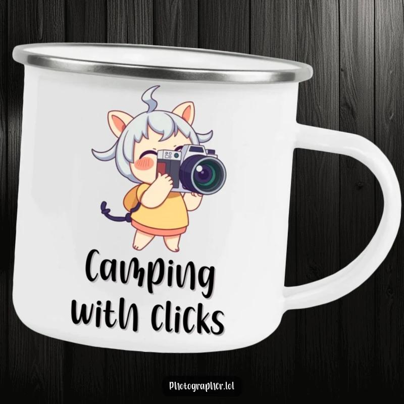 Funny Camping Mug showing a cute character joyfully holding a camera and flash, perfect for outdoor enthusiasts.