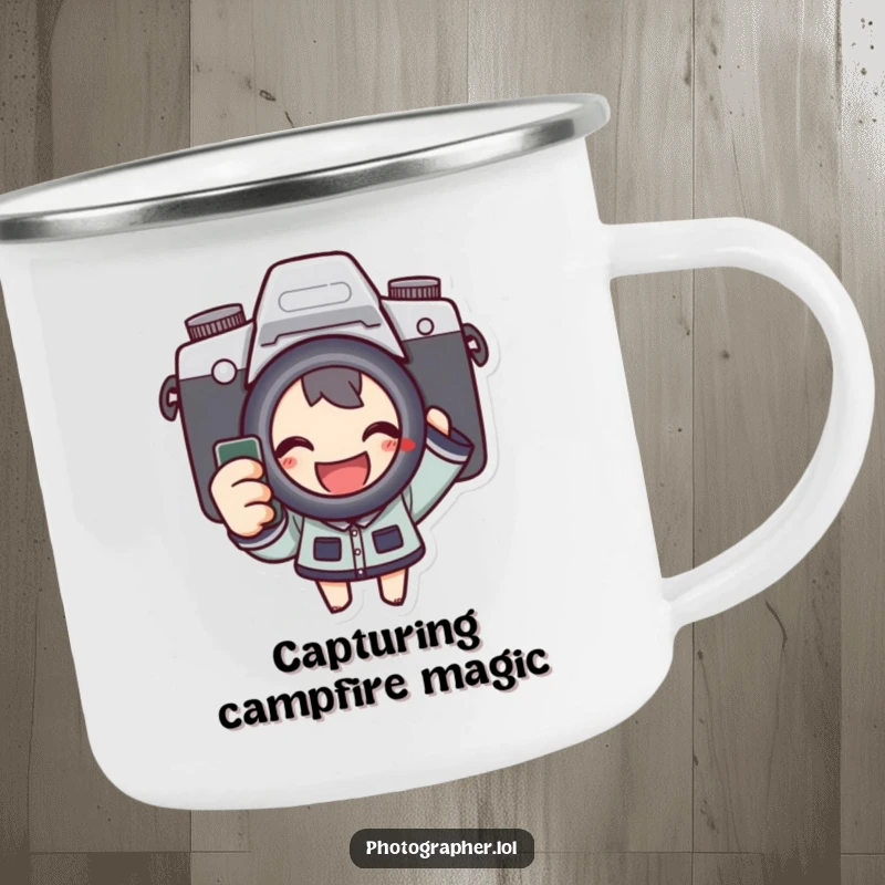 Funny camping mug depicting an excited character pressing a camera shutter, perfect for photographers capturing outdoor adventures and scenic views.