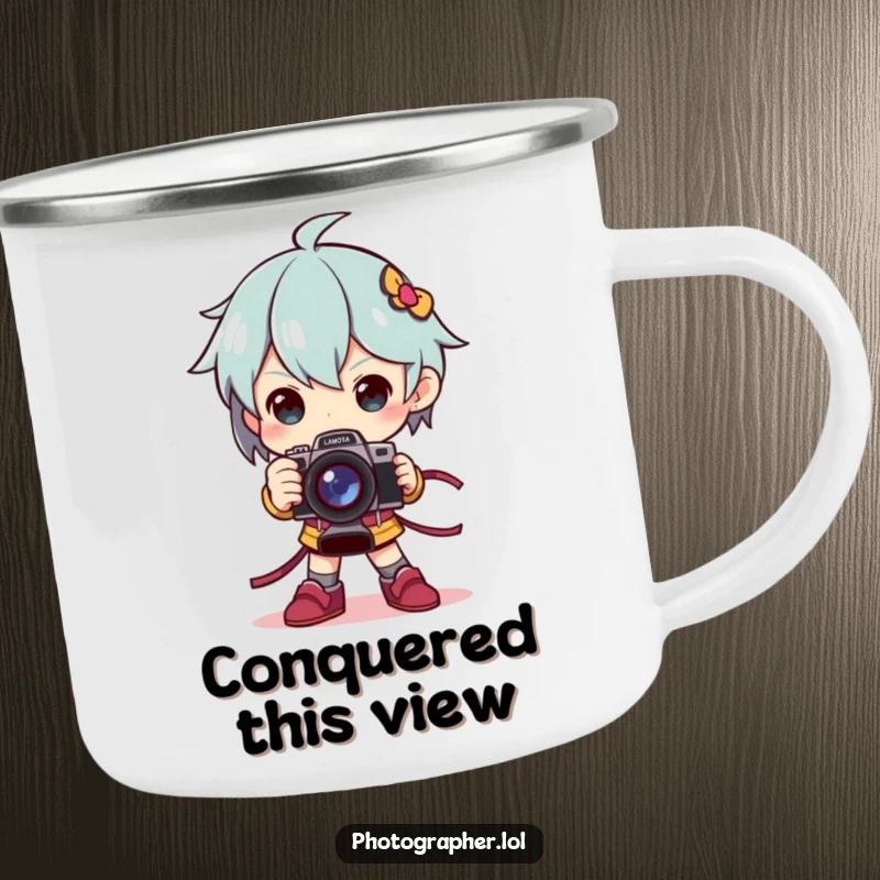 Funny camping mug showing a character striking a dramatic pose, holding a camera like a trophy during an outdoor activity.