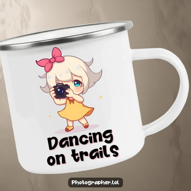 Funny camping mug of a character dancing with a camera, a happy blur of motion, for outdoor photographers.