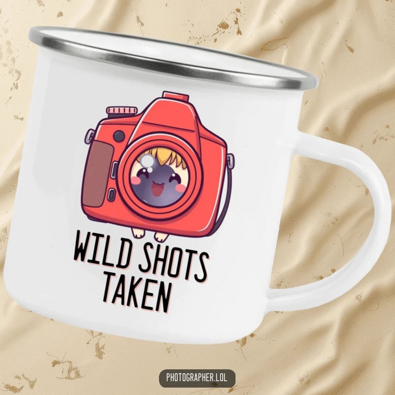 Funny camping mug with a character peeking behind a red camera, durable and humorous for outdoor photo adventures, a great funny gift.