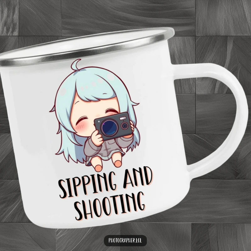 Funny camping mug featuring a character giggling at their camera, perfect for outdoor photography enthusiasts.