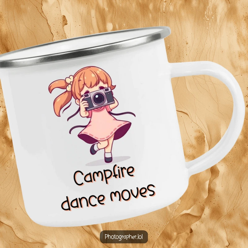 Funny dancing photographer camping mug with a character twirling joyfully with a vintage camera, ready for creative outdoor adventures.