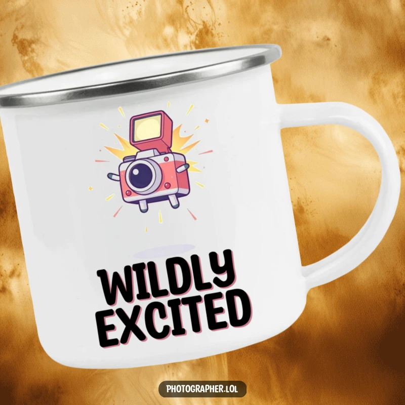 Funny camping mug with a leaping icon and a camera flash, designed for photographers who enjoy capturing moments in nature.