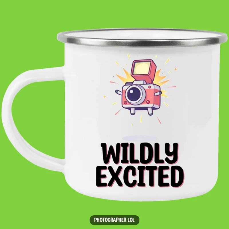 Funny Leaping Icon Camping Mug: Joyful Photography Humor Cup for Outdoor Shooters