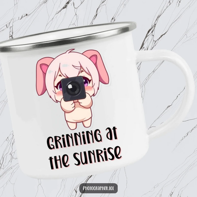 Funny camping mug showing a character pointing a camera forward with a big smile, ready to capture outdoor scenes.