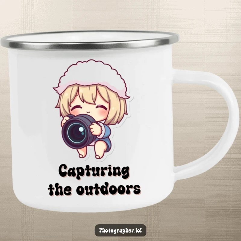 Funny camping mug with a cute character gleefully adjusting a camera lens and fluffy lens cap, symbolizing humorous photography outdoors.