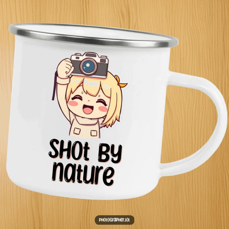 Funny photographer camping mug, a smiling character triumphantly holding a camera overhead, perfect for outdoor adventures and humor.