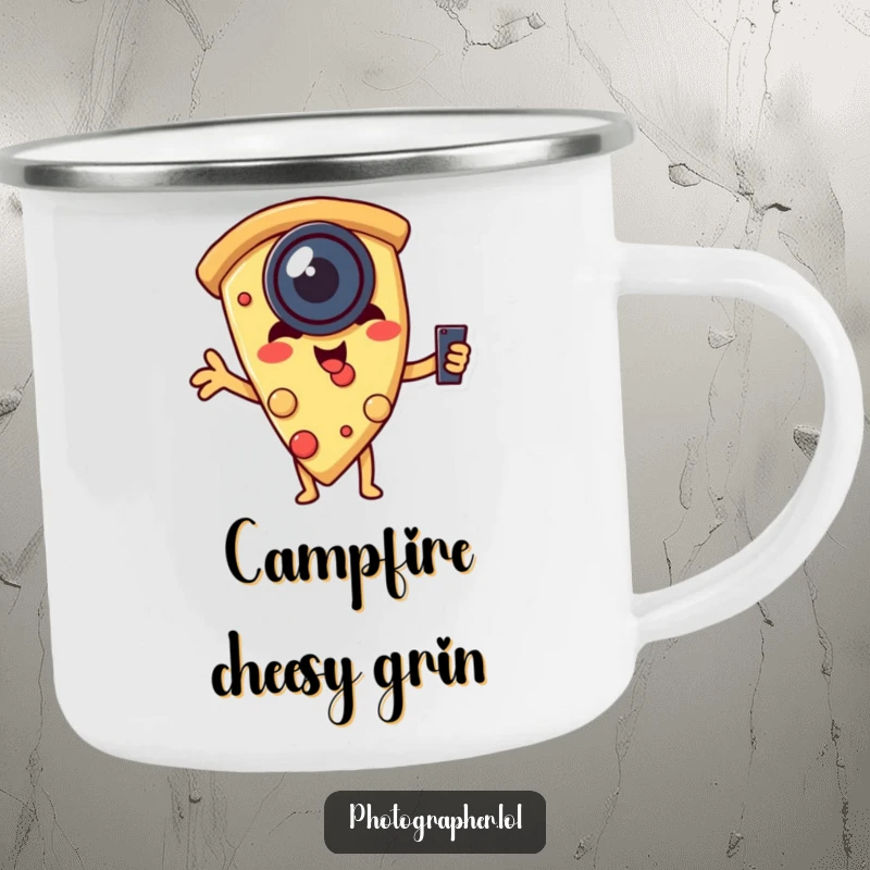 Funny camping mug with a pizza slice wearing a lens, humorously taking a selfie during an outdoor adventure, a fun companion.