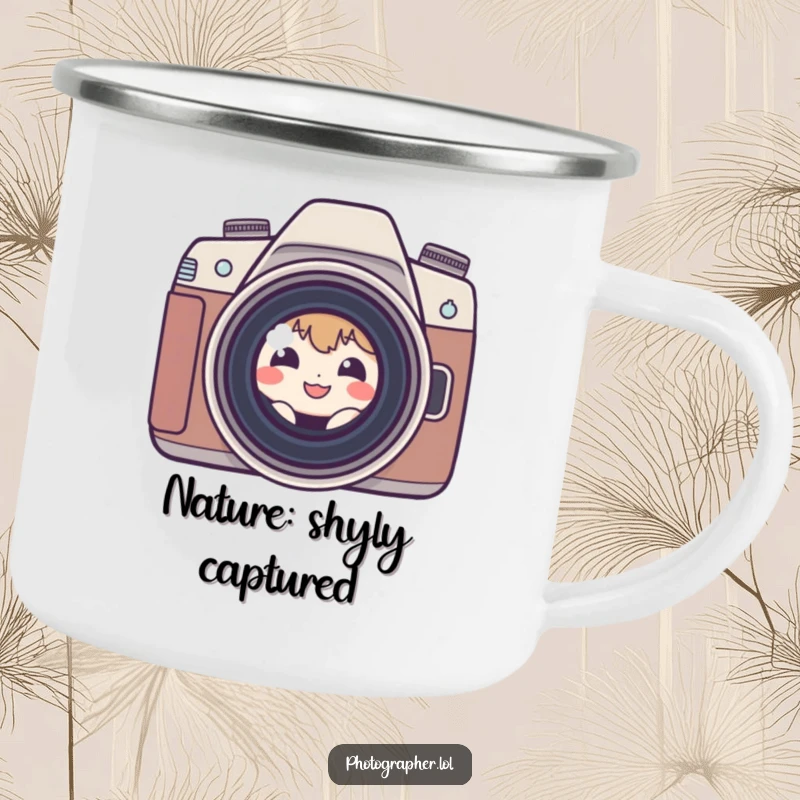 Funny shy photographer camping mug with a small, grinning character peeking from behind a camera lens, ready for outdoor photography.