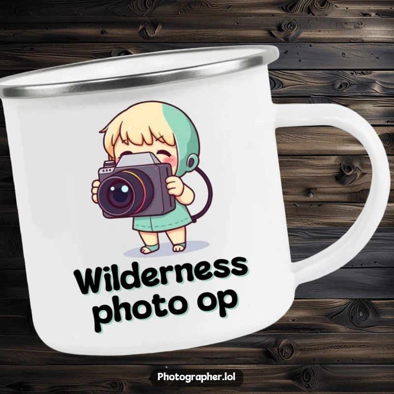 Funny camping mug with a tiny character enthusiastically using a vintage camera during an outdoor adventure.