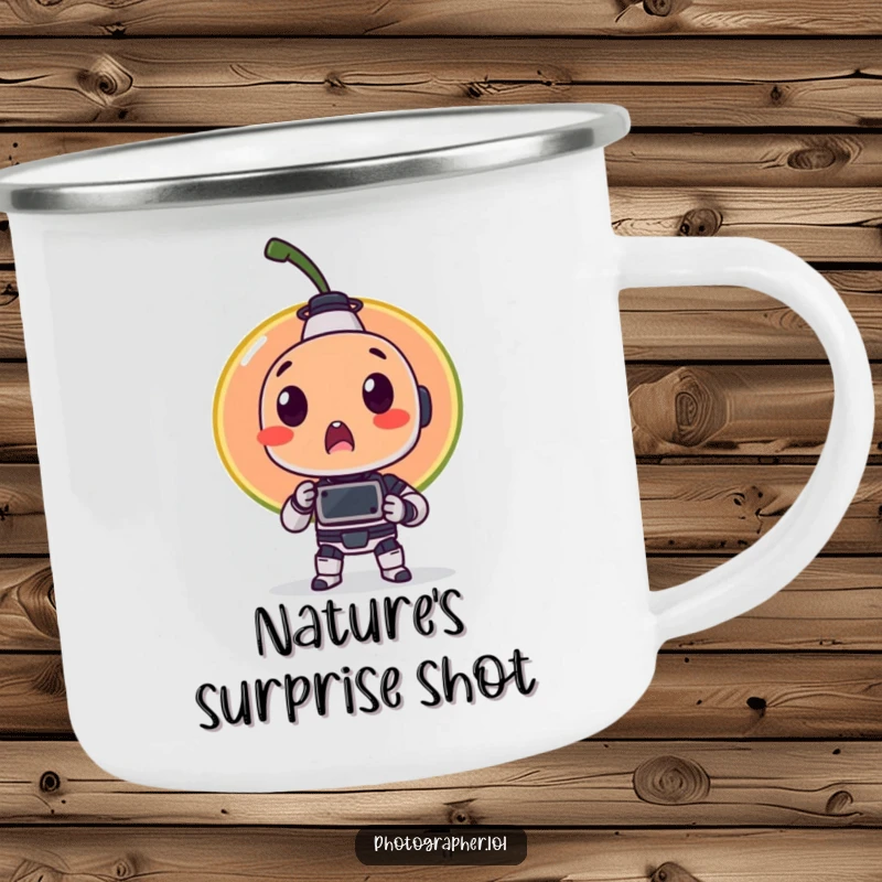 Funny camping mug with a surprised fruit item being photographed by a tiny robot, a humorous and durable accessory for outdoor adventures.