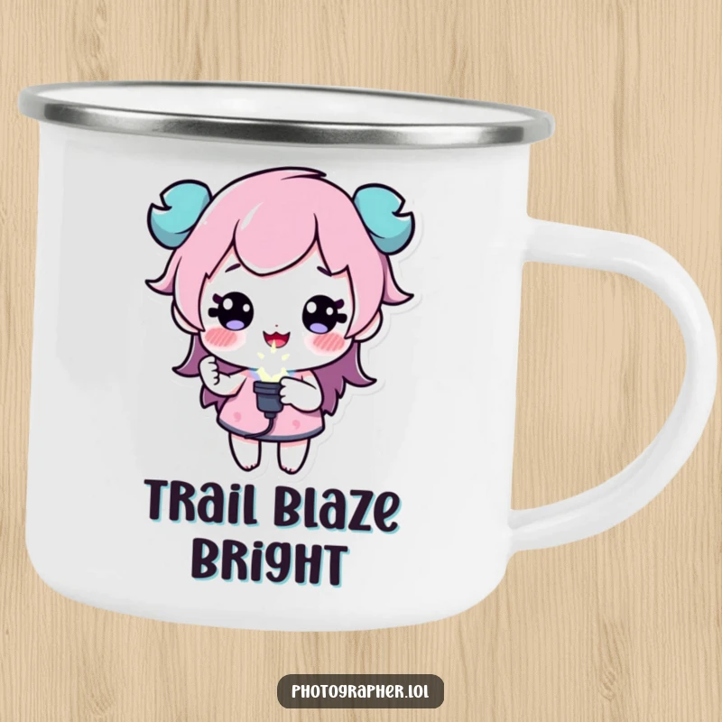 Funny camping mug with a character holding a sparkling flash bulb, durable and humorous for outdoor creativity, a great funny gift.