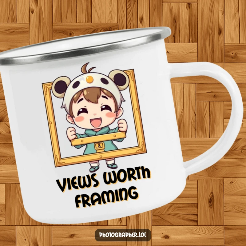 Funny camping mug featuring a proud character displaying a framed photograph, perfect for photographers celebrating achievements on the go.