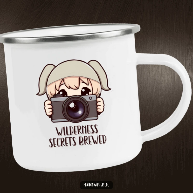 Funny camping mug with a character peeking from behind a camera, designed for photographers who love exploring the outdoors with a sense of humor.