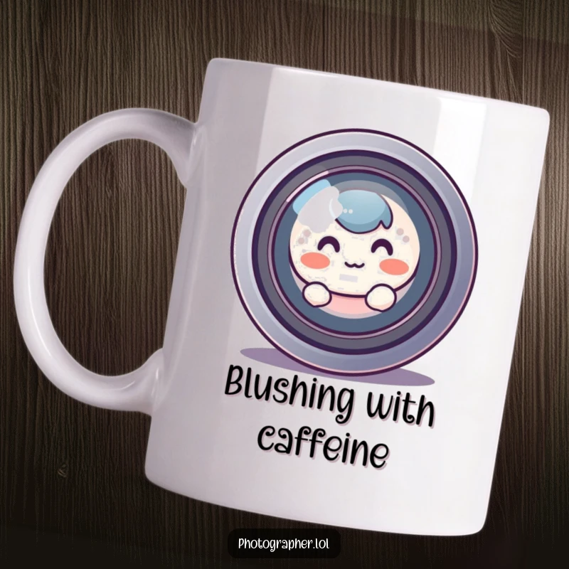 Funny, round, blushing character peeking shyly from behind a massive camera lens, symbolizing introverted photography humor.